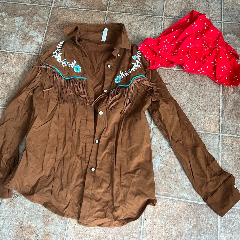 Brown Fringe Western Shirt with Floral Embroidery
